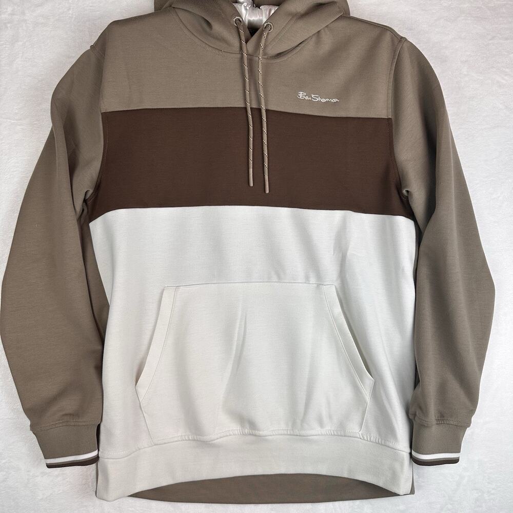 Ben Sherman Mens M Colorblock Hoodie Brown Tan Cream Pullover Mod Retro